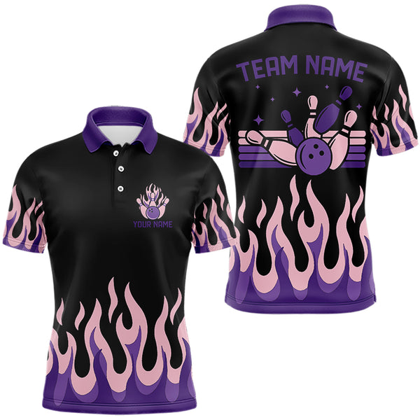 Black and Purple Flame Retro Bowling Polo, Quarter Zip Shirt for Men Custom Bowling Team Jerseys NQS9427
