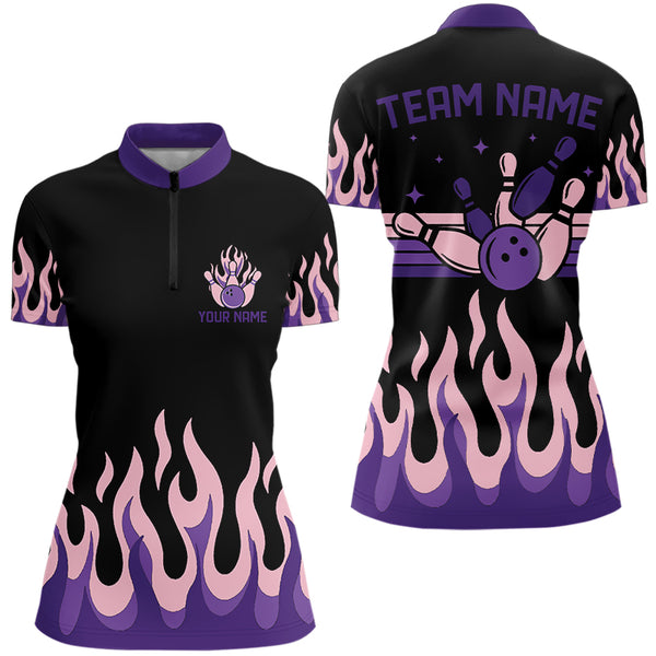 Black and Purple Flame Retro Bowling Polo, Quarter Zip Shirt for Women Custom Bowling Team Jerseys NQS9427