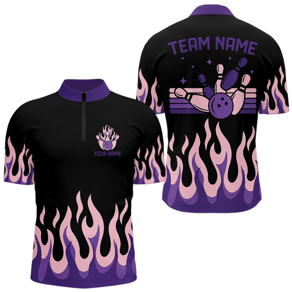 Black and Purple Flame Retro Bowling Polo, Quarter Zip Shirt for Men Custom Bowling Team Jerseys NQS9427