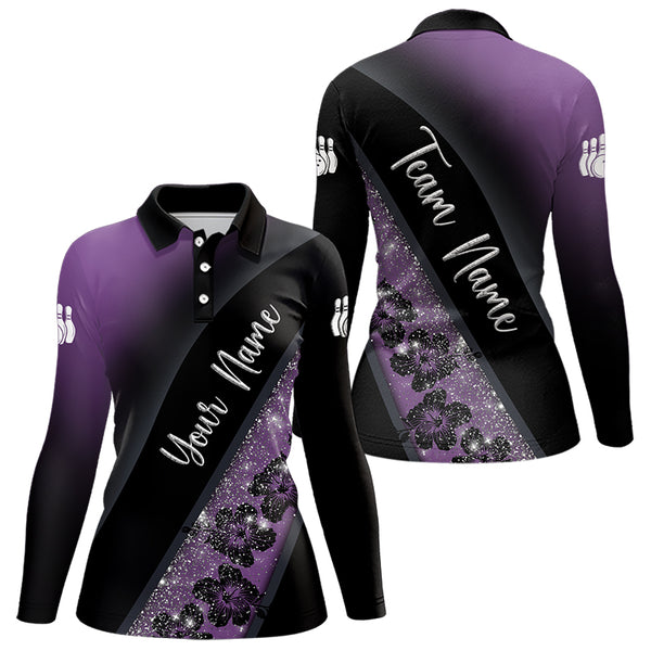 Black and Purple Glitter Flower Bowling Polo, Quarter Zip Shirt for Women Custom Bowling Team Jerseys NQS9432