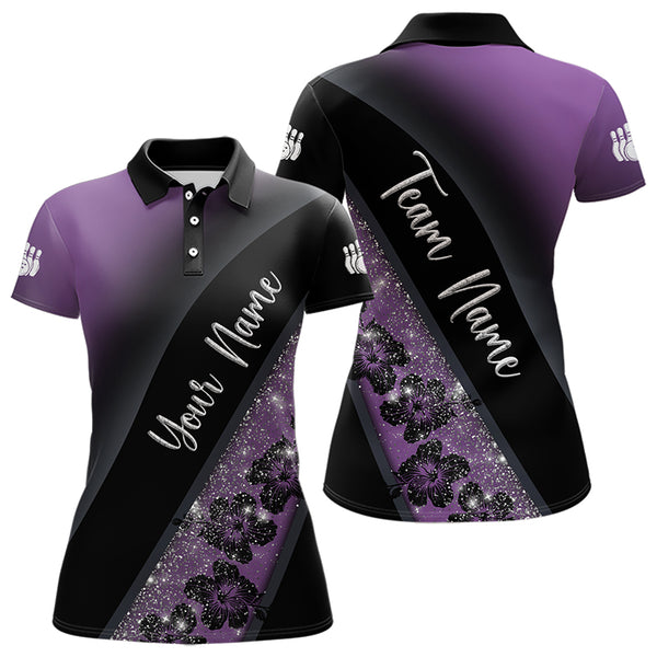 Black and Purple Glitter Flower Bowling Polo, Quarter Zip Shirt for Women Custom Bowling Team Jerseys NQS9432