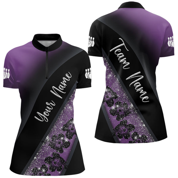 Black and Purple Glitter Flower Bowling Polo, Quarter Zip Shirt for Women Custom Bowling Team Jerseys NQS9432