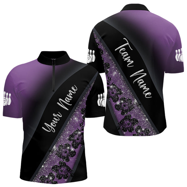 Black and Purple Glitter Flower Bowling Polo, Quarter Zip Shirt for Men Custom Bowling Team Jerseys NQS9432