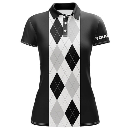 Black argyle plaid pattern Womens golf polo shirt custom golf polos shirt for womens, golfing gifts NQS7192