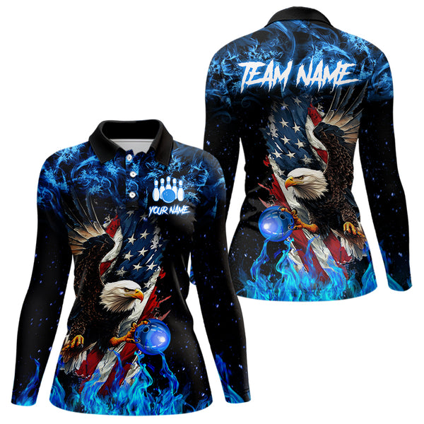 Blue Flame American Flag Eagle bowling shirts for Women Custom Bowling Team Jersey, gift for Bowler NQS9606