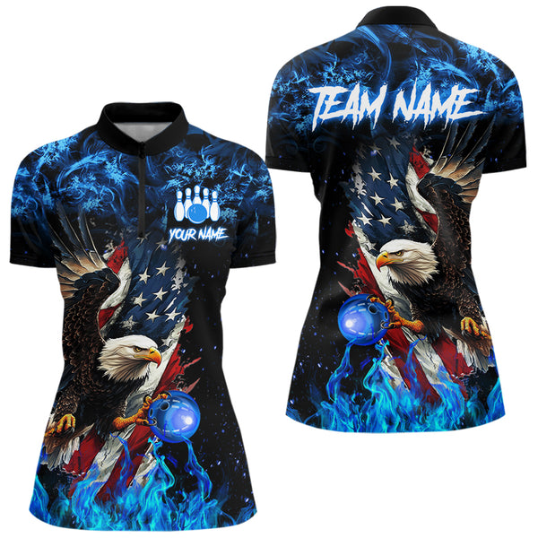 Blue Flame American Flag Eagle bowling shirts for Women Custom Bowling Team Jersey, gift for Bowler NQS9606