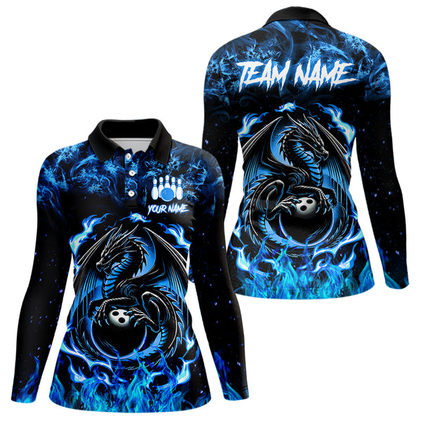 Black and Blue Flame Dragon bowling shirts for Women Custom Bowling Team Jersey, gift for Bowler NQS9607