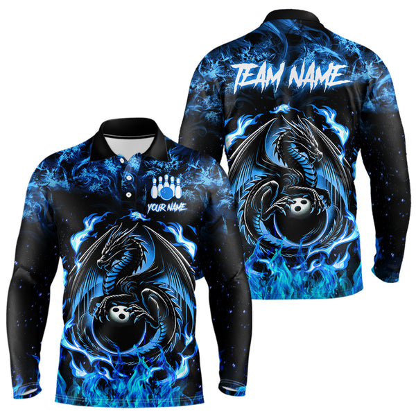 Black and Blue Flame Dragon bowling shirts for Men Custom Bowling Team Jersey, gift for Bowler NQS9607
