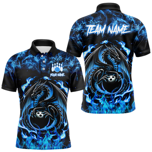 Black and Blue Flame Dragon bowling shirts for Men Custom Bowling Team Jersey, gift for Bowler NQS9607