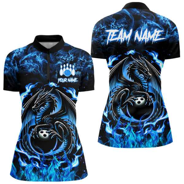 Black and Blue Flame Dragon bowling shirts for Women Custom Bowling Team Jersey, gift for Bowler NQS9607