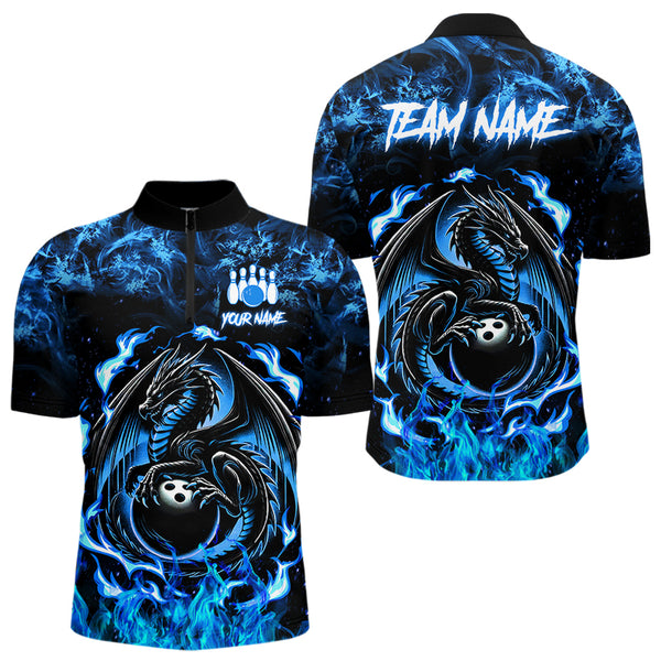 Black and Blue Flame Dragon bowling shirts for Men Custom Bowling Team Jersey, gift for Bowler NQS9607