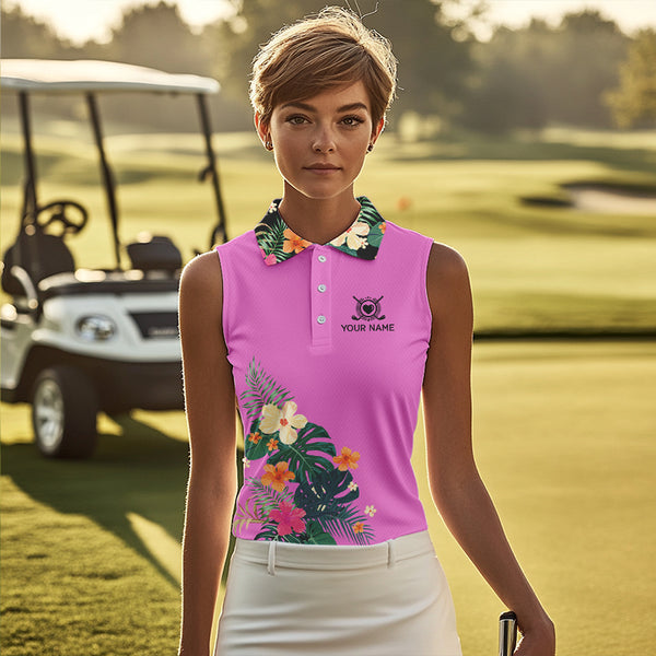 Pink tropical leaf Womens sleeveless polo shirt custom name I am not swearing I'm using my golf words NQS9753