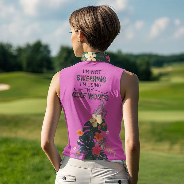 Pink tropical leaf Womens sleeveless polo shirt custom name I am not swearing I'm using my golf words NQS9753