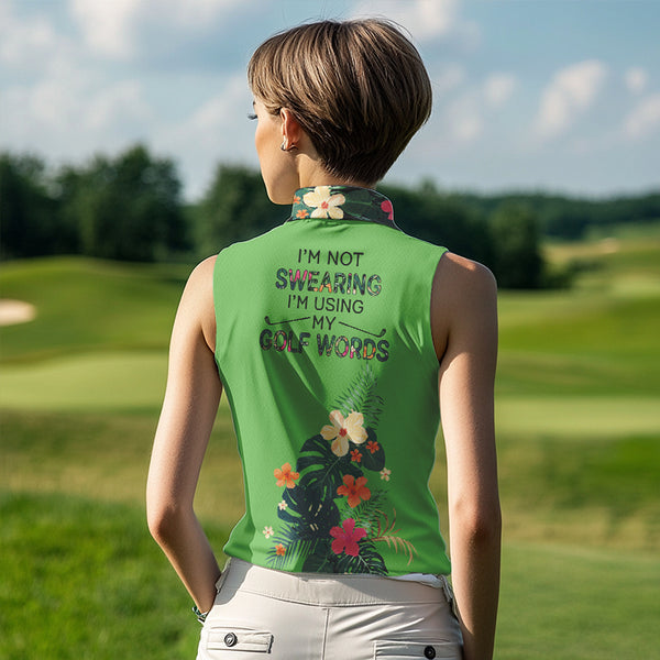 Green tropical leaf Womens sleeveless polo shirt custom name I am not swearing I'm using my golf words NQS9754