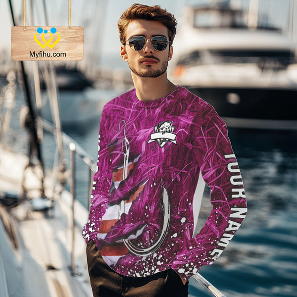 American flag fish hook pink camo fishing custom sun protection performance long sleeve fishing shirt NQS10011