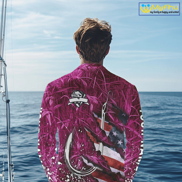 American flag fish hook pink camo fishing custom sun protection performance long sleeve fishing shirt NQS10011