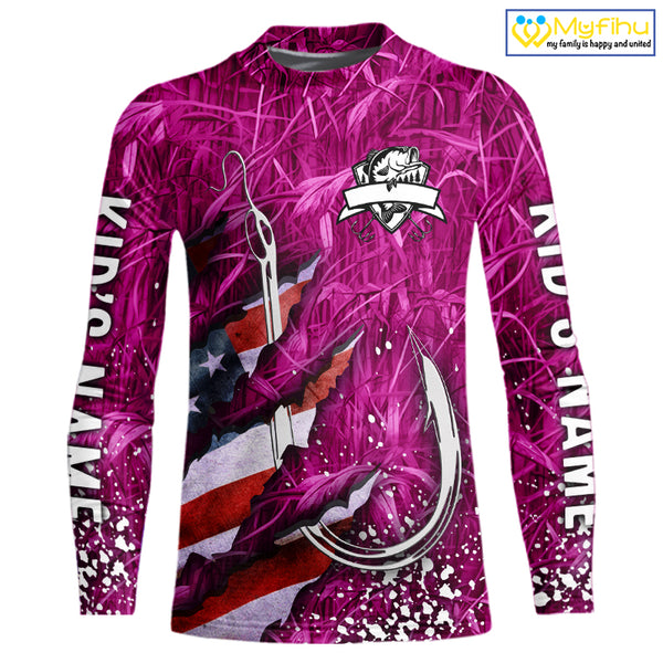 American flag fish hook pink camo fishing custom sun protection performance long sleeve fishing shirt NQS10011