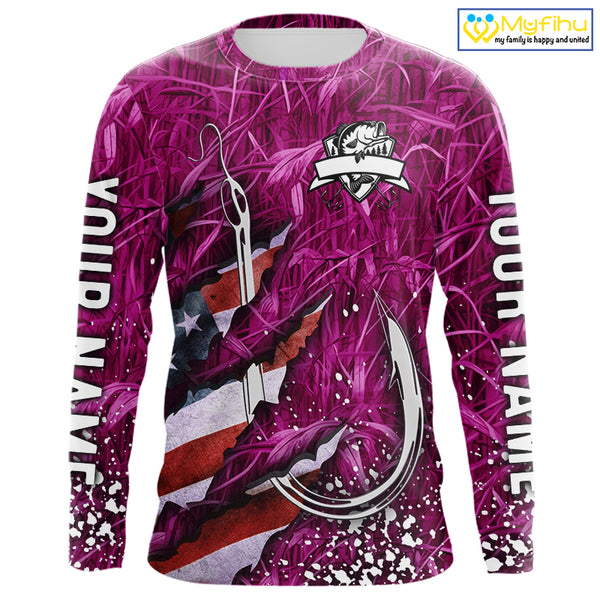 American flag fish hook pink camo fishing custom sun protection performance long sleeve fishing shirt NQS10011