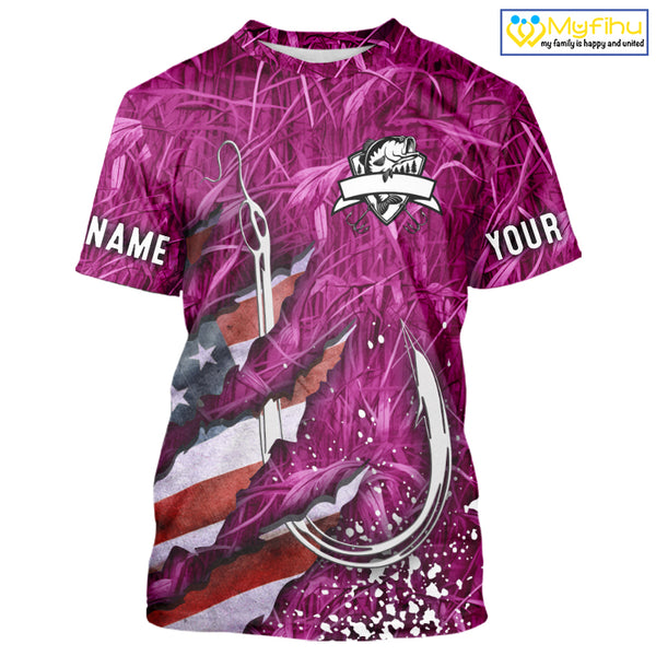 American flag fish hook pink camo fishing custom sun protection performance long sleeve fishing shirt NQS10011