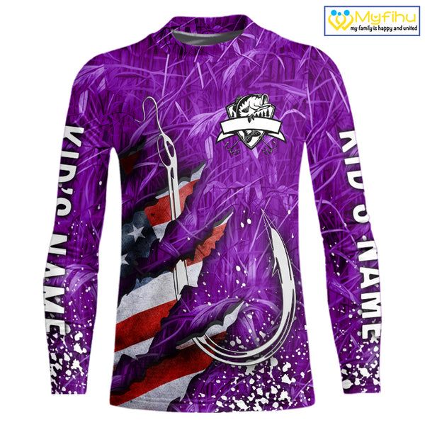 American flag fish hook purple camo custom sun protection performance long sleeve fishing shirt NQS10013
