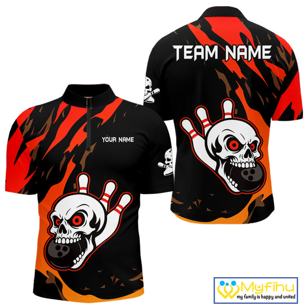 Black and Red Skull Bowling Shirts for Men Custom Team bowling jersey, gift for bowlers NQS10014