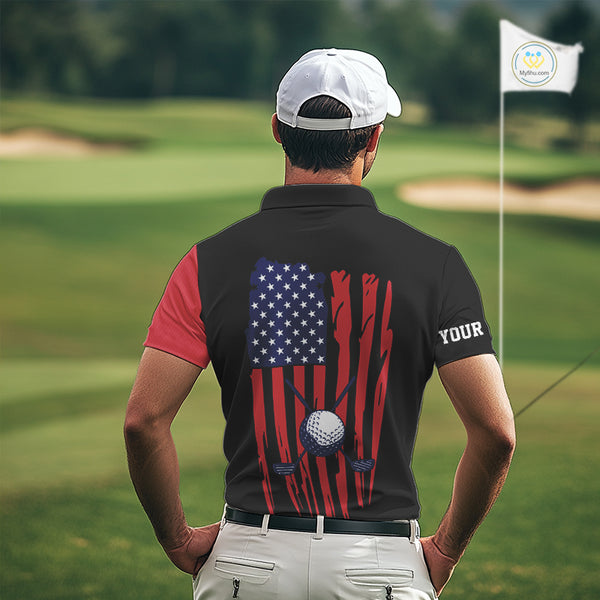 American Flag Golf polo shirts For Mens custom patriotic golf top for men, golfing gifts | Black NQS10016