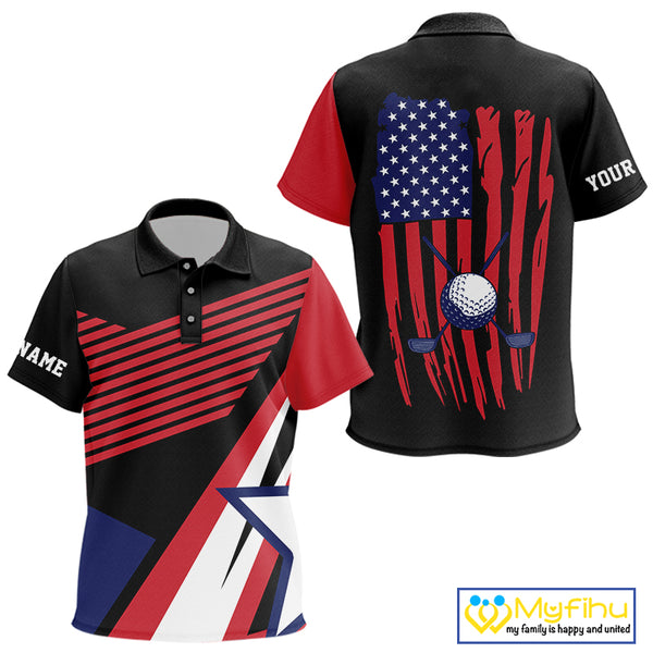 American Flag Golf polo shirts For Kid custom patriotic golf top for Kid, golfing gifts | Black NQS10016