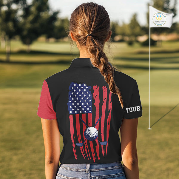 American Flag Golf polo shirts For Women custom patriotic golf top for ladies, golfing gifts | Black NQS10016