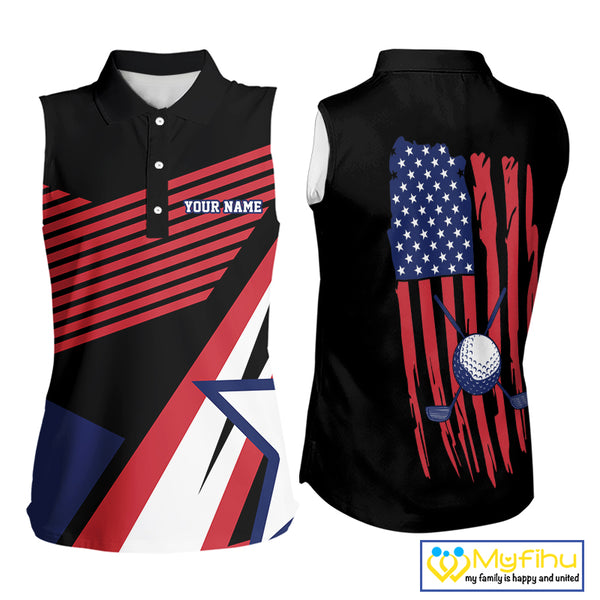 American Flag Golf Sleeveless polo shirts custom patriotic golf top for women, golfing gifts | Black NQS10016