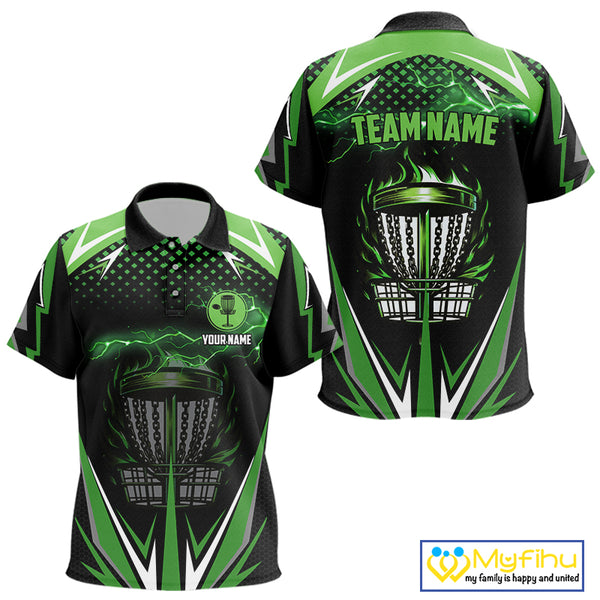 Black Kid disc golf polo shirts custom green fire lightning team disc golf jersey, unique golf gift NQS10172