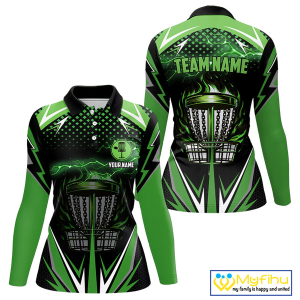 Black Women disc golf polo shirts custom green fire lightning team disc golf jersey, unique golf gift NQS10172