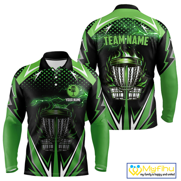 Black Mens disc golf polo shirts custom green fire lightning team disc golf jersey, unique golf gifts NQS10172