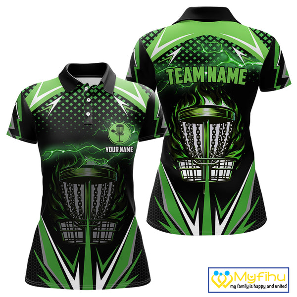 Black Women disc golf polo shirts custom green fire lightning team disc golf jersey, unique golf gift NQS10172
