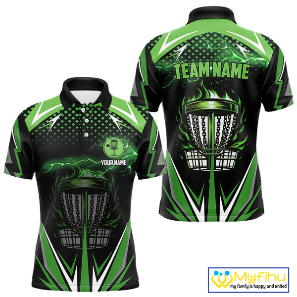 Black Mens disc golf polo shirts custom green fire lightning team disc golf jersey, unique golf gifts NQS10172