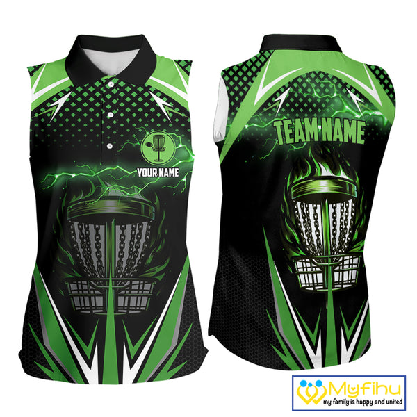 Black Women disc golf sleeveless polo shirt custom green fire lightning team disc golf jersey NQS10172