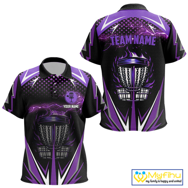 Black Kid disc golf polo shirts custom purple fire lightning team disc golf jersey, unique golf gift NQS10173
