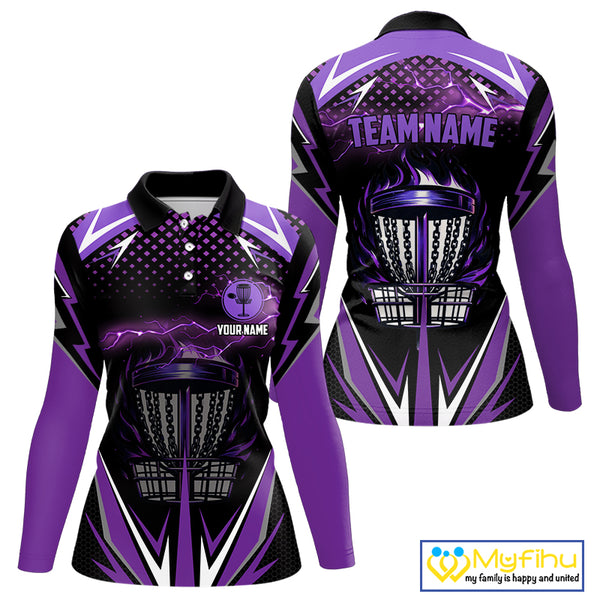 Black Women disc golf polo shirt custom purple fire lightning team disc golf jersey, unique golf gift NQS10173