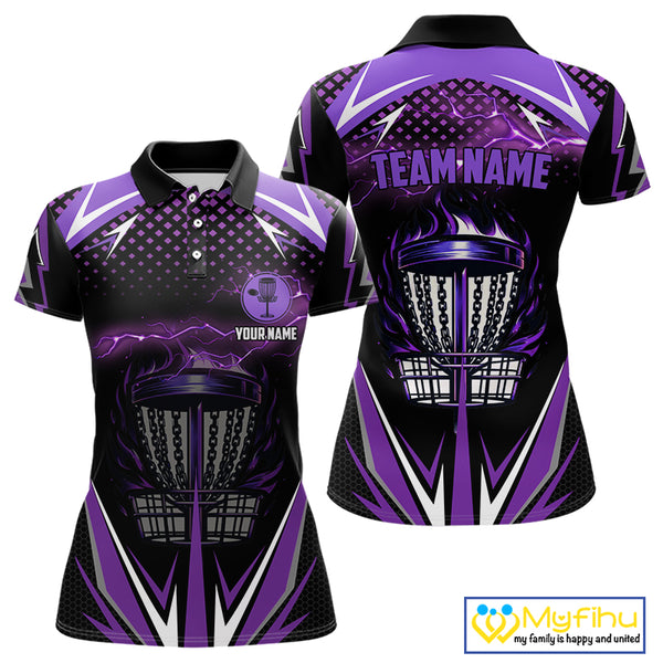 Black Women disc golf polo shirt custom purple fire lightning team disc golf jersey, unique golf gift NQS10173