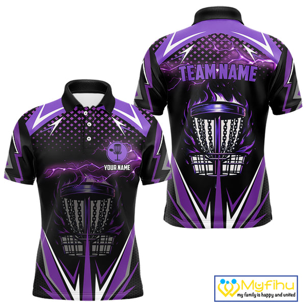 Black Mens disc golf polo shirts custom purple fire lightning team disc golf jersey, unique golf gift NQS10173