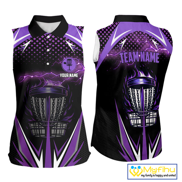 Black Women disc golf sleeveless polo shirt custom purple fire lightning team disc golf jersey NQS10173