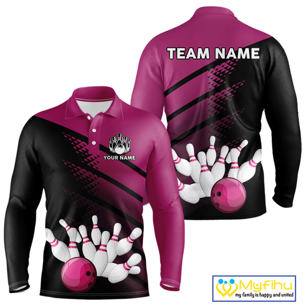 Black and Pink Bowling Polo, Quarter Zip shirts for Men Custom name bowling team league jerseys NQS10177