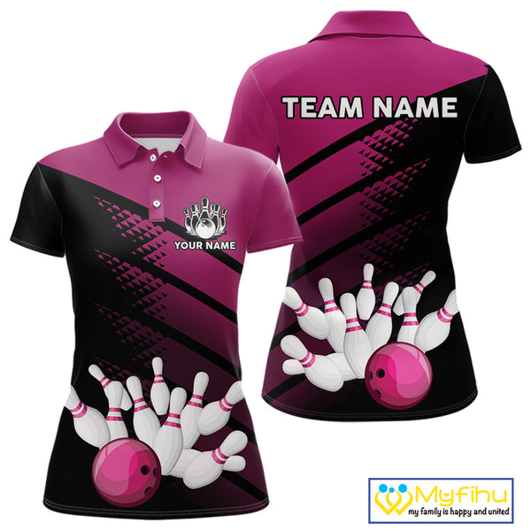 Black and Pink Bowling Polo, Quarter Zip shirts for Women Custom name bowling team league jerseys NQS10177
