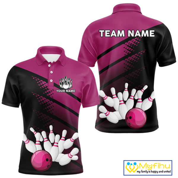 Black and Pink Bowling Polo, Quarter Zip shirts for Men Custom name bowling team league jerseys NQS10177