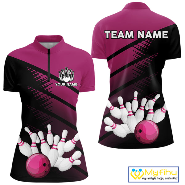 Black and Pink Bowling Polo, Quarter Zip shirts for Women Custom name bowling team league jerseys NQS10177