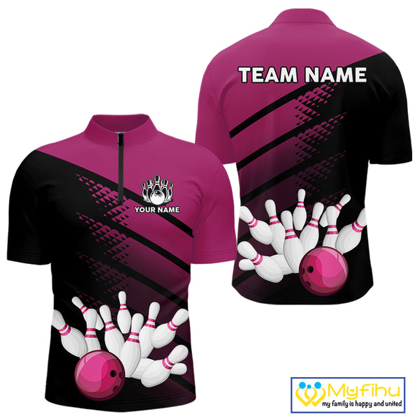 Black and Pink Bowling Polo, Quarter Zip shirts for Men Custom name bowling team league jerseys NQS10177