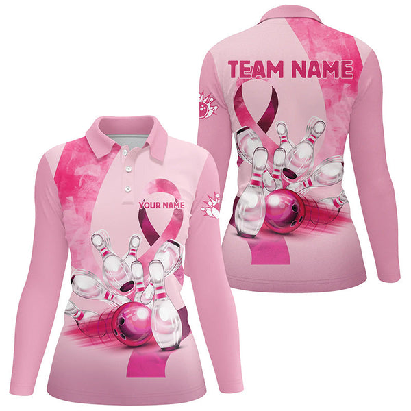 Pink ribbons pattern Custom Bowing Shirts For Ladies, Breast Cancer Awareness team bowling jerseys NQS8124