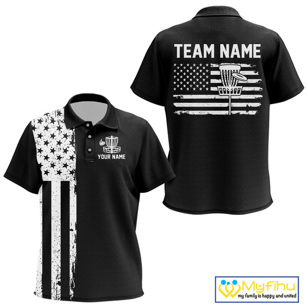 Black and White American Flag Kid Disc golf polo shirts Custom patriotic team disc golf jerseys NQS10017