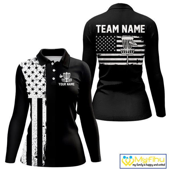 Black and White American Flag Womens Disc golf polo shirts Custom patriotic team disc golf jerseys NQS10017