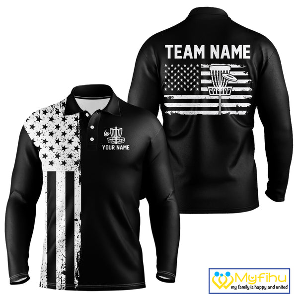 Black and White American Flag Mens Disc golf polo shirts Custom patriotic team disc golf jerseys NQS10017