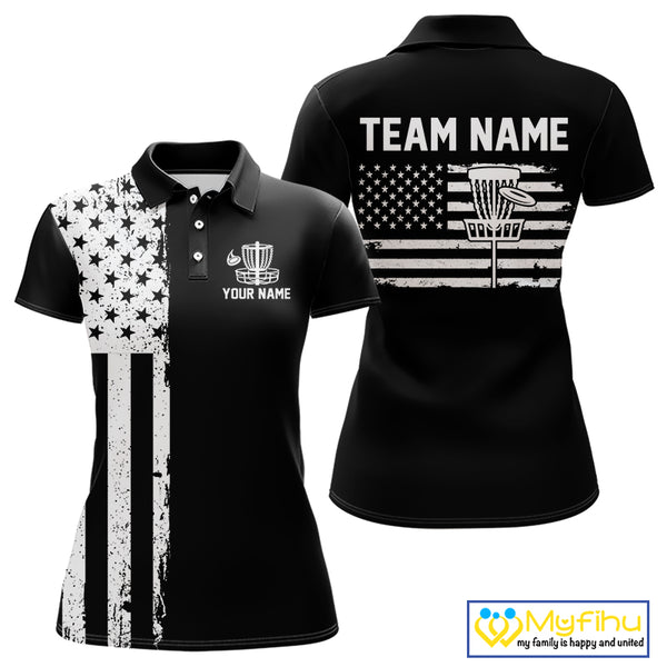 Black and White American Flag Womens Disc golf polo shirts Custom patriotic team disc golf jerseys NQS10017